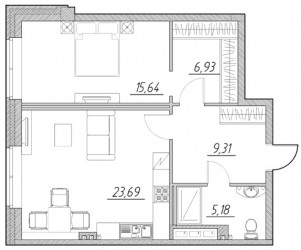 Двухкомнатная квартира 60.75 м²